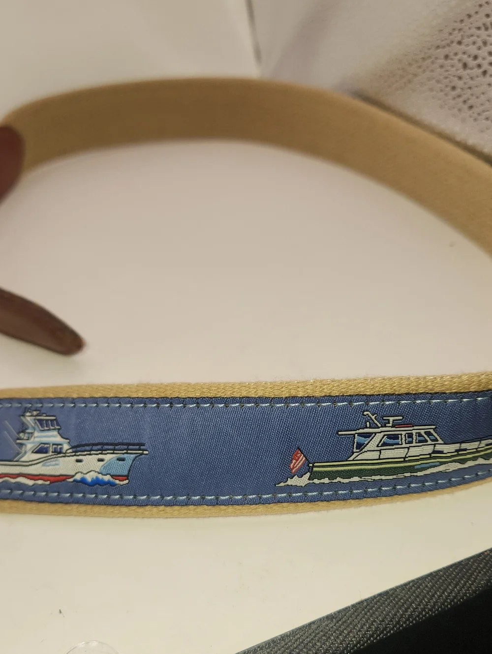The Belted Cow Company Leather & Blue Belt with Boats Brass Buckle Size 36